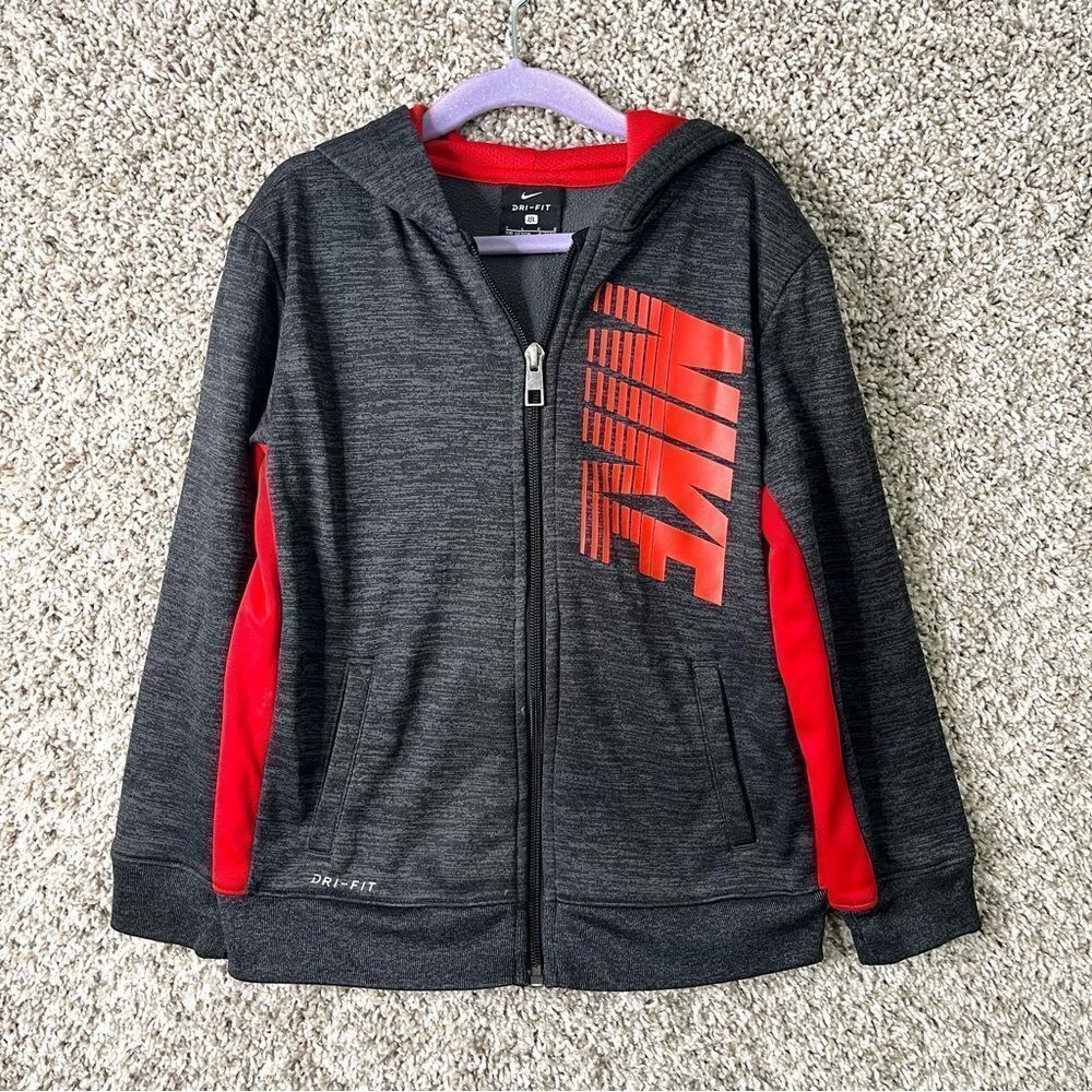 Nike Jacket Boys 7/Large Dri-Fit Dark Gray and Red Zip Up Training‎ Hooded